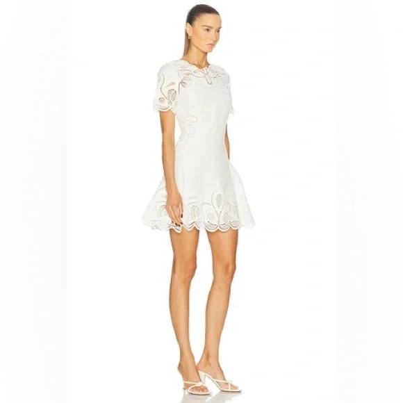 SIMKHAI Ivory Morrigan Short Sleeve Mini Dress. Models is wearing size 2. - Picture 2 of 8